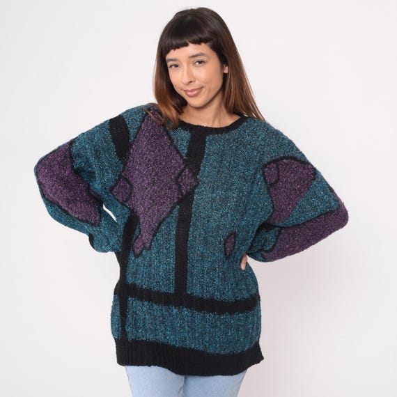 90s Geometric Sweater Abstract Pattern Chunky Knit Blue Purple Black Vintage Pullover Crewneck Angular Design Cozy Teal Magenta Medium M