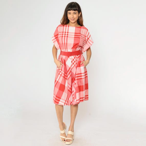 Vintage 80s Red Plaid Day Dress Checkered Midi Dress Retro High Waisted Belted Cap Sleeve Feminine Plaid 1980s Pockets Medium M