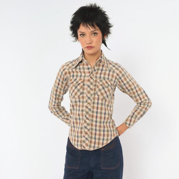 80s Plaid Western Shirt Beige Cotton Pearl Snap Long Sleeve Pointed Collar Chest Pocket Rodeo Cowgirl Button Up Top Extra Extra Small XXS