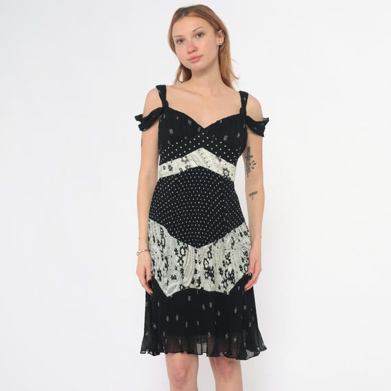 Y2K Mini Dress Black Polka Dot Mixed Print Off Shoulder Ruffle Sleeve Coquette Party Cocktail Floral Patchwork Geometric Vintage Small S