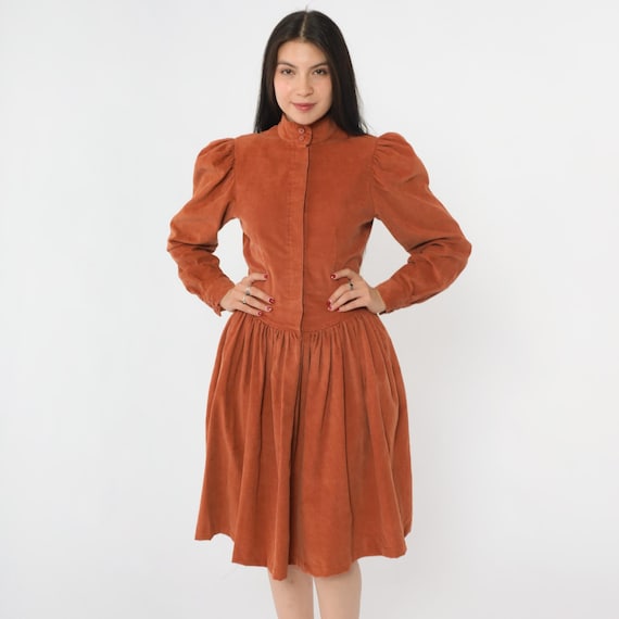 Vintage Rust Corduroy Dress 80s Prairie Revival High Neck Puff Sleeve Boho Hippie Fit Flare Fitted Waist 1980s Midi Cottagecore Small S