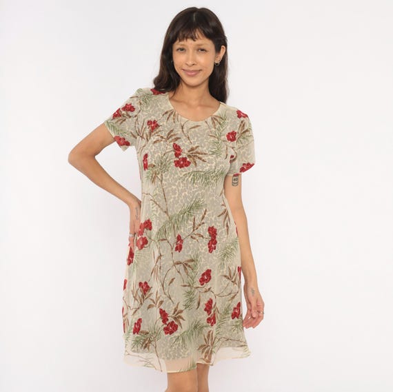 Leopard Floral Dress 90s Jessica Howard Tropical Red Flower Palm Leaf Animal Chiffon Short Sleeve Tan Beige Summer Beach Vintage Medium M