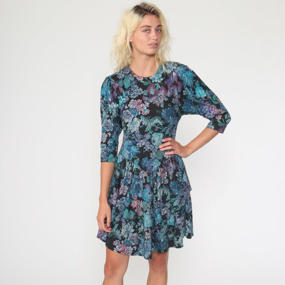 Tapestry Floral Dress 80s Mini Puff Sleeve Skater Full Skirt Drop Waist 1980s Dolman Boho Vintage Blue Rose Print Black Extra Small xs