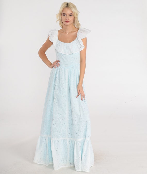 70s Prairie Gown Eyelet Lace Maxi Dress Light Blue Ruffled High Basque Waist Boho Western Cottagecore Formal Prom Vintage 1970s Small S