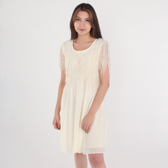 90s Party Dress Cream Mini Dress Crochet Fringe Capelet Cocktail Evening Formal Simple Chic Short Sleeve A Line Minimal Vintage 1990s Small