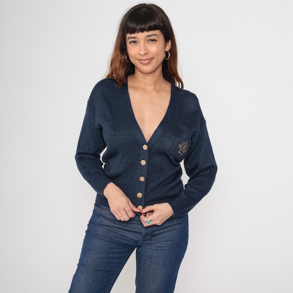 Navy Preppy Cardigan 80s Vintage Embroidered V Neck Button Front Floral Gold Button Detail Acrylic Knit Classic Collegiate Office Wear Small
