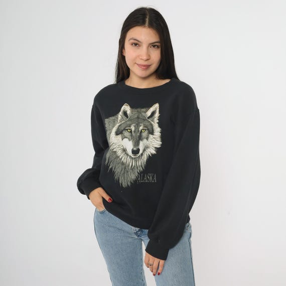 Y2K Wolf Sweatshirt Alaska Black Graphic Alaska Nature Wildlife Pullover Crewneck 2000s Animal Print Long Sleeve Fruit of the Loom Small S