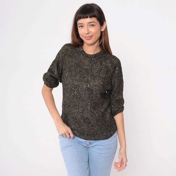 90s Metallic Sweater Black Sparkly Three Quarter Sleeve Glitter Knit Top Shimmery Gold Thread Club Party Dance Night Out Vintage Medium M