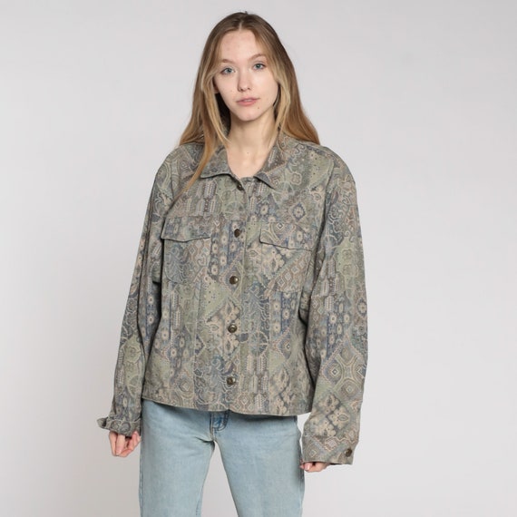 90s Boho Jacket Geometric Jacket Lightweight Button Up Cargo Jacket Bohemian Vintage 1990s Floral Bohemian Jacket Taupe Blue Extra Large xl