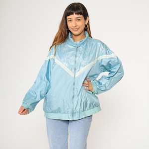Vintage 90s Floral Windbreaker Jacket Light Blue Chevron Striped Nylon Zip Up Lightweight Retro Spring Festival Sporty Forenza Large L