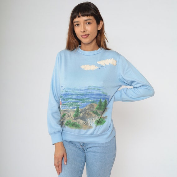 90s Lighthouse Sweatshirt Baby Blue Beach Sweater… - image 2