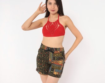 90s Patchwork Floral Shorts Black Rainbow Paisley Print Drawstring Cuffed Hem Quilted High Rise Hippie Bohemian Grunge Vintage Extra Small