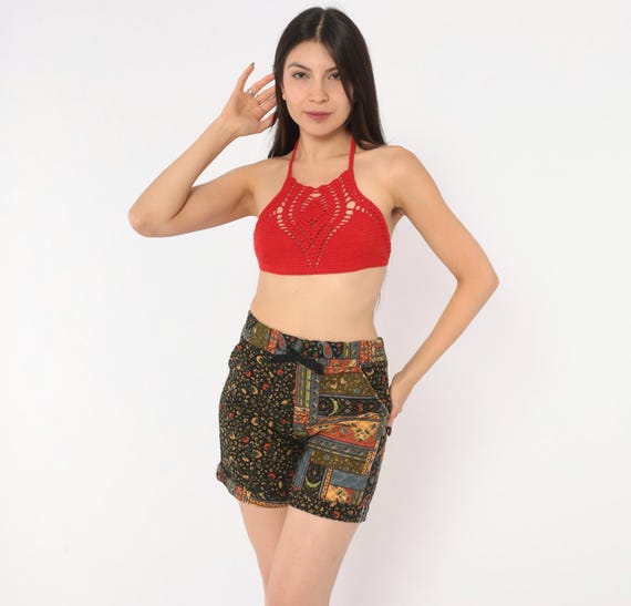 90s Patchwork Floral Shorts Black Rainbow Paisley Print Drawstring Cuffed Hem Quilted High Rise Hippie Bohemian Grunge Vintage Extra Small