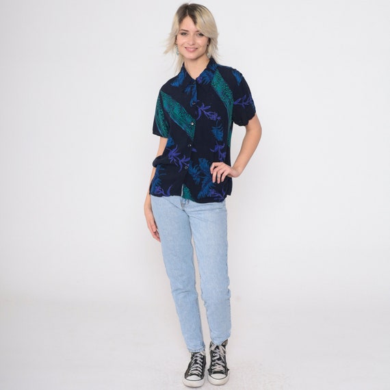 Tropical Leopard Shirt 90s Black Rayon Leaf Print… - image 3