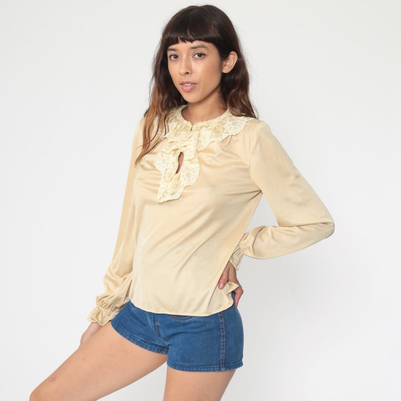 Tuxedo Lace Blouse Boho Hippie Blouse 70s Cream Shirt 1970s Blouse Beige Bohemian Top Retro Vintage Long Sleeve Tunic Hippy Small Medium