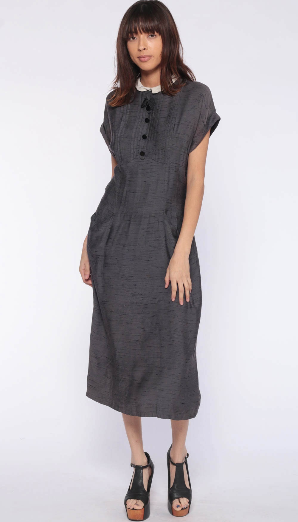 1940s Dress Peter Pan Collar Grey 40s WWII Hourglass Sheath Midi Tea
