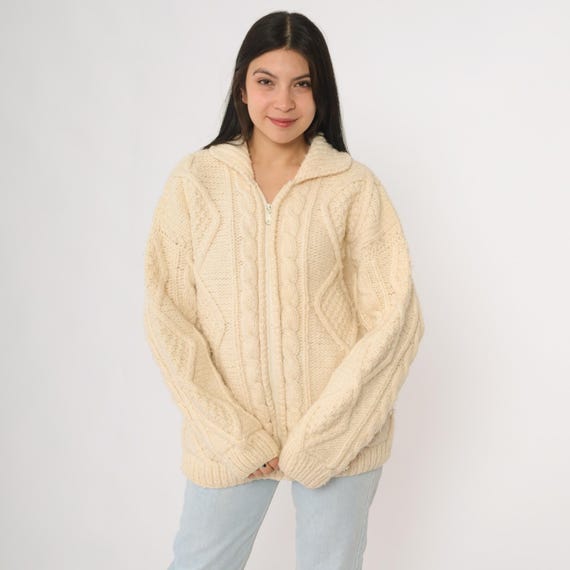 Cream Wool Sweater 80s Blend Zip Up Jacket Cable Knit Chunky Knit Collared Winter Ski Cabin Snow Cozy Pullover Mens Small Womens Medium
