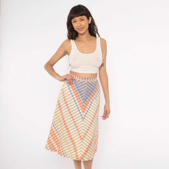 70s Chevron Skirt Plaid Orange Blue Green Yellow Cotton Midi The Villager Knee Length High Waist Multicolor Hippie Bohemian Summer Small S