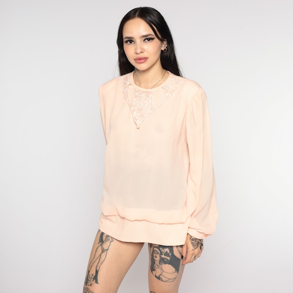 Draped Peach Top Puff Sleeve Blouse Lace Collar Shirt 80s Cocktail Blouse Party Top Semi-Sheer 1980s Vintage Secretary Oversized Medium 8