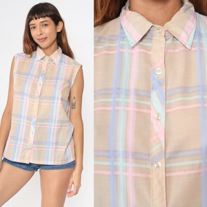 80s Plaid Blouse Tan Pastel Button Up Tank Top Pink Lavender Checkered Shirt 1980s Check Print Top Vintage Preppy Sleeveless Shirt Medium image 1