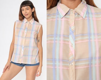 80s Plaid Blouse Tan Pastel Button Up Tank Top Pink Lavender Checkered Shirt 1980s Check Print Top Vintage Preppy Sleeveless Shirt Medium