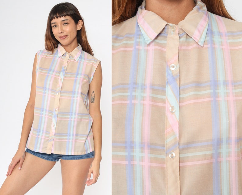 80s Plaid Blouse Tan Pastel Button Up Tank Top Pink Lavender Checkered Shirt 1980s Check Print Top Vintage Preppy Sleeveless Shirt Medium image 1