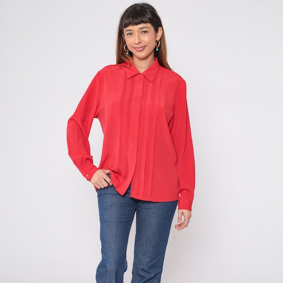 Red Pleated Blouse 80s 90s Button Up Top Formal Preppy Collared Shirt Plain Long Sleeve Simple Vintage 1990s Large 12