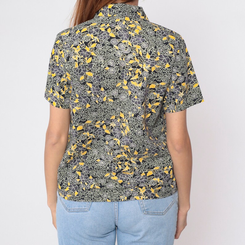 Black Floral Blouse 90s Button Up Shirt Retro Short Sleeve Top Flower Print Casual Hippie Summer 1990s Vintage Purple Yellow Small S image 8