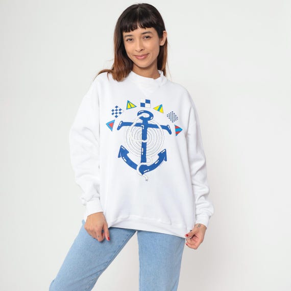 Nautical Anchor Sweatshirt 90s Russell Athletic White Flags Signal Graphic Crewneck Sailing Maritime Blue Rope Design Vintage Extra Large XL