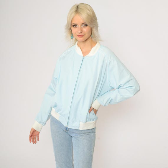 70s Baby Blue Windbreaker Jacket Bomber Zip Up Jacket Retro Plain Raglan Sleeve Basic Pastel Lightweight Vintage 1970s Large L
