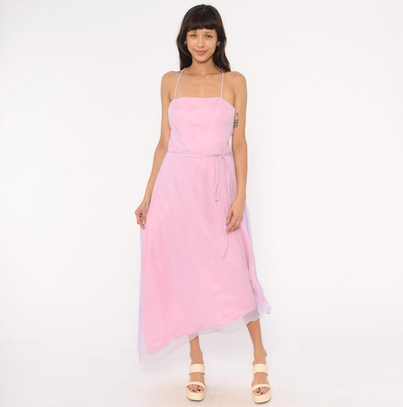 Lilac Pink Chiffon Gown 90s Spaghetti Strap Hem Maxi Dress Criss Cross Back Tie Waist Sheer Rose Formal Bridesmaid Slip Style Medium M