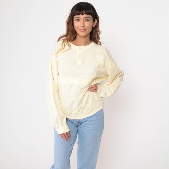 Vintage 90s Waffle Knit Henley Shirt Pale Yellow Long Sleeve Pullover Casual Minimalist Street Scenes Top Size Large L