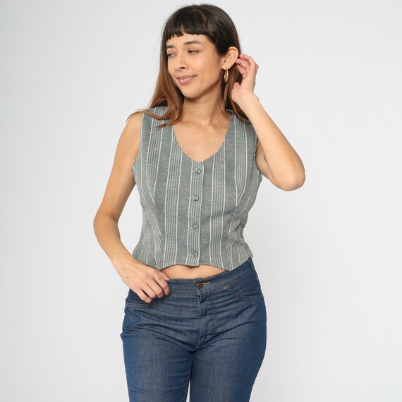 Striped Grey Vest 70s Tank Top Crop Top Polyester Waistcoat 1970s Bohemian Vintage Festival Button Up Tank Top Professor Small S