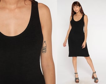 Black Bodycon Dress 90s Tight Midi Dress Retro Simple Party Sleeveless Sheath Classic LBD Little Black Dress Tank Vintage 1990s Medium