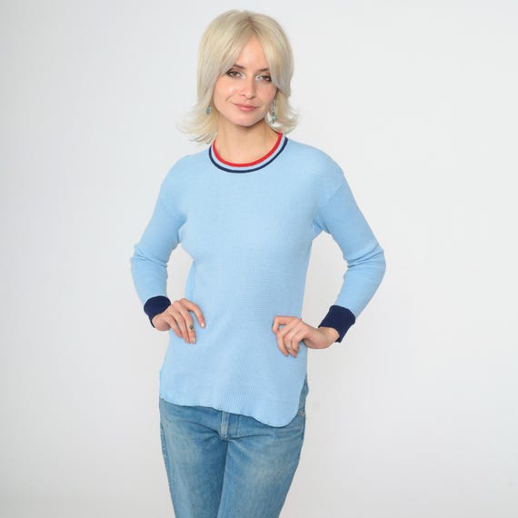 Vintage 80s Thermal Ringer Tee Shirt Baby Blue Long Sleeve Waffle Knit Pajama Shirt 1980s Undershirt Retro Tee Small Medium