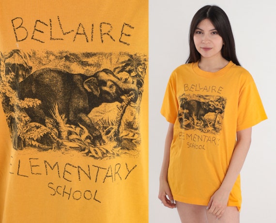 Bellaire Elementary School Shirt 90s Ohio T-Shirt Elephant Graphic Tee Retro Single Stitch TShirt Yellow Vintage 1990s Screen Stars Medium