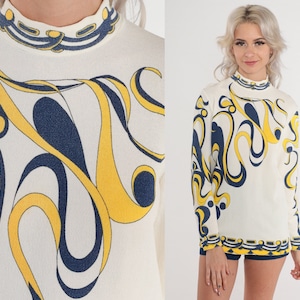 70s Psychedelic Blouse Mod Top Abstract Swirl Print Mock Neck Shirt Groovy Seventies Long Sleeve White Blue Yellow Vintage 1970s Small S image 1