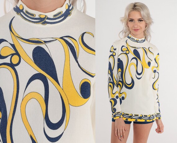 70s Psychedelic Blouse Mod Top Abstract Swirl Pri… - image 1