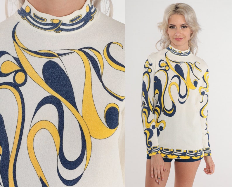 70s Psychedelic Blouse Mod Top Abstract Swirl Print Mock Neck Shirt Groovy Seventies Long Sleeve White Blue Yellow Vintage 1970s Small S image 1