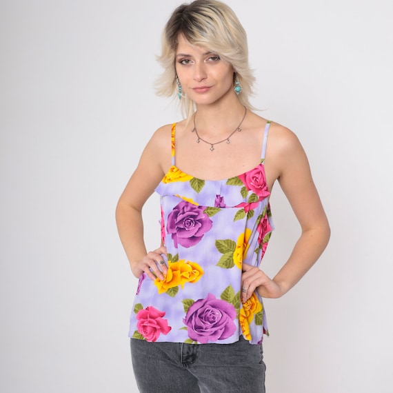 90s Jams World Tank Top Floral Shirt Purple Rose Print Spaghetti Strap Cami Ruffled Blouse 1990s Summer Pink Yellow Vintage Small Medium