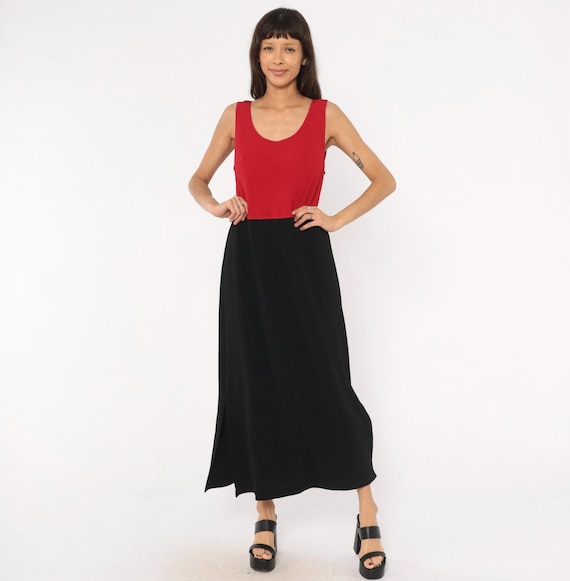 90s Color Block Maxi Dress Red Black Sleeveless Tank  Ankle Length Vintage Two Tone Minimalist Summer Sundress Colorblock Crimson Large L