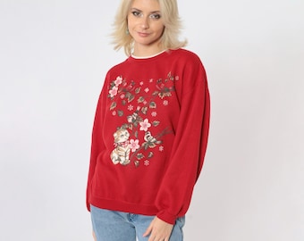 90s Cat Cardinal Sweatshirt Red Kitten Animal Cherry Blossom Graphic Crewneck Kawaii Vintage 1990s Retro Medium M