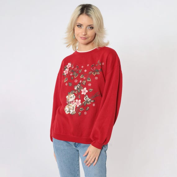 90s Cat Cardinal Sweatshirt Red Kitten Animal Cherry Blossom Graphic Crewneck Kawaii Vintage 1990s Retro Medium M