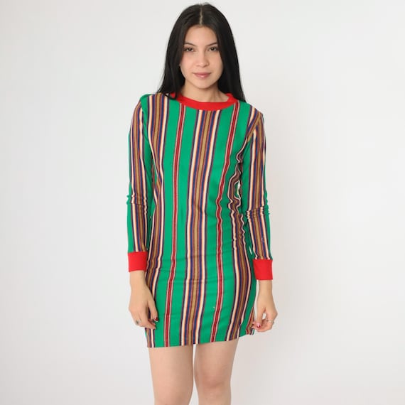 Vintage 60s Mod Lounge Dress Ringer Striped Mini Pajama Dress Long Sleeve Loungewear Green Red Boho Hippie Nightie 1960s Extra Small xs