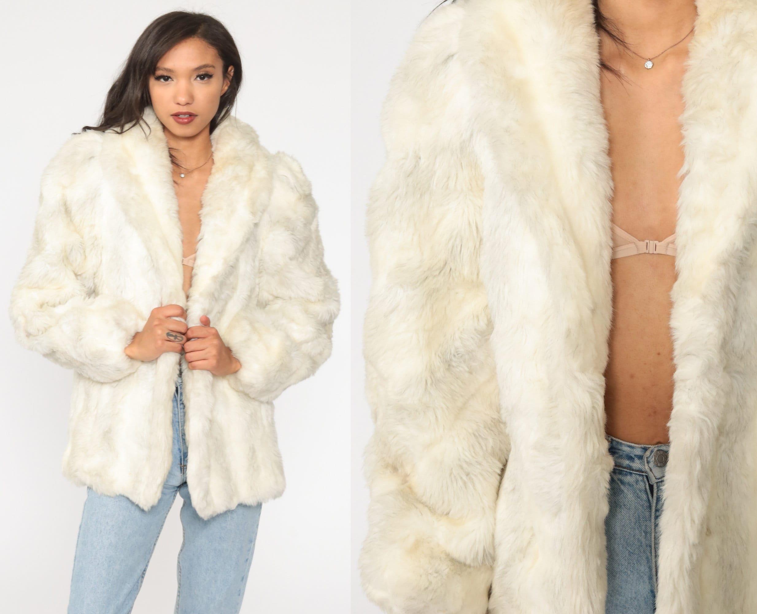 Faux Fur Coat 80s Furry Jacket Cream 