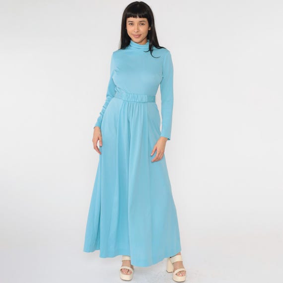 Vintage 70s Light Blue Dress Draped Grecian Maxi Gown Rhinestone Belt Long Sleeve Mock Neck High Waist Chic Modest Formal 1970s Small S