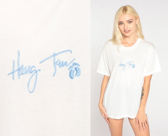 Hang Ten Shirt 90s Embroidered Surfer T-Shirt Retro Beach Surf Logo Tee Streetwear White Baby Blue Single Stitch Vintage 1990s Medium Large