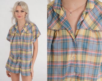 Plaid Blouse 70s Button up Shirt Yellow Blue Checkered Top Retro Collared Seventies Preppy Casual Summer Pink Check Vintage 1970s Large L