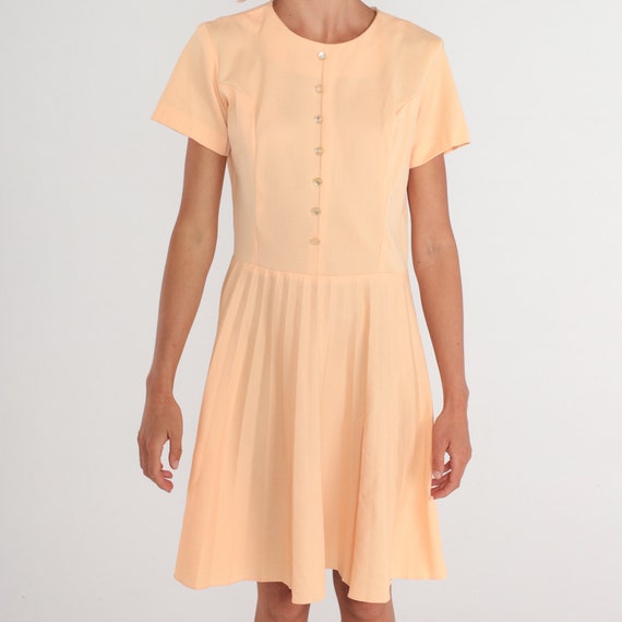 Peach Dress 70s Pleated Day Dress Button Up Short… - image 8