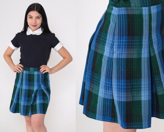 School Girl Skirt Y2k Plaid Mini Skirt Blue Green Checkered Pleated Tartan High Waisted Uniform Academia Preppy Lolita Vintage 00s Medium M